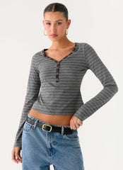 Kaytra Long Sleeve Top - Grey Marle Stripe