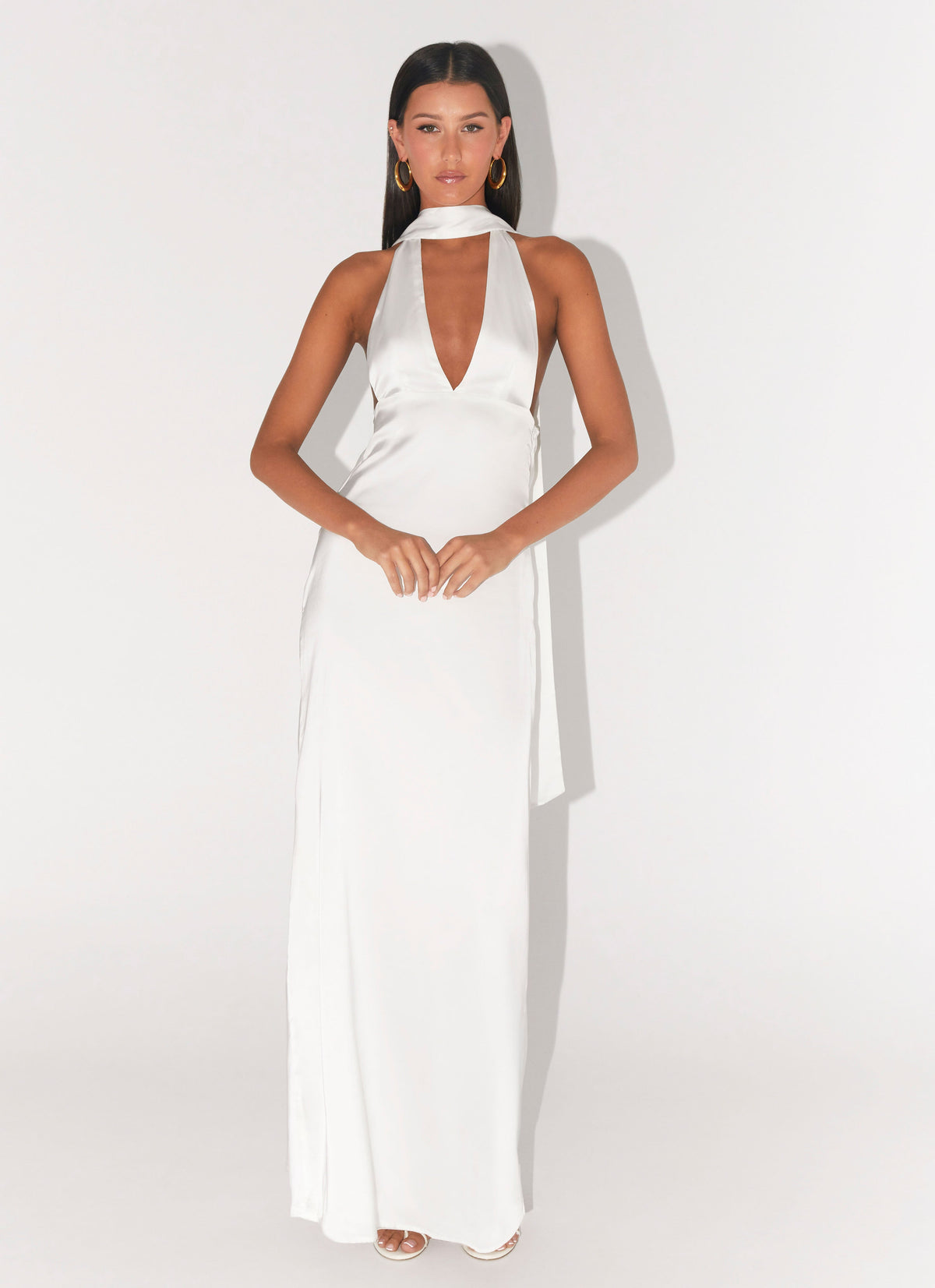 Alicia Satin Halter Maxi Dress - White