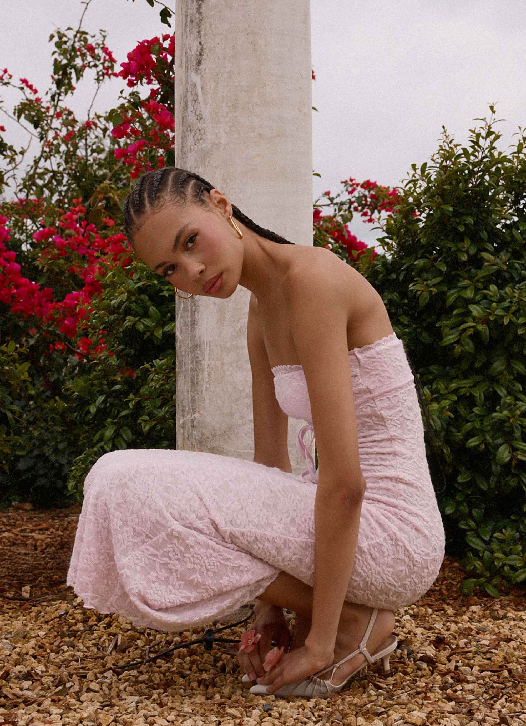 Alida Strapless Jacquard Midi Dress - Pink