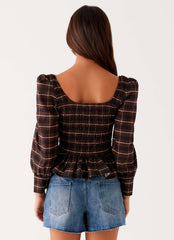 Joyce Long Sleeve Cotton Shirred Top - Chocolate Check