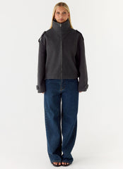 Kaiden Faux Wool Bomber Jacket - Charcoal